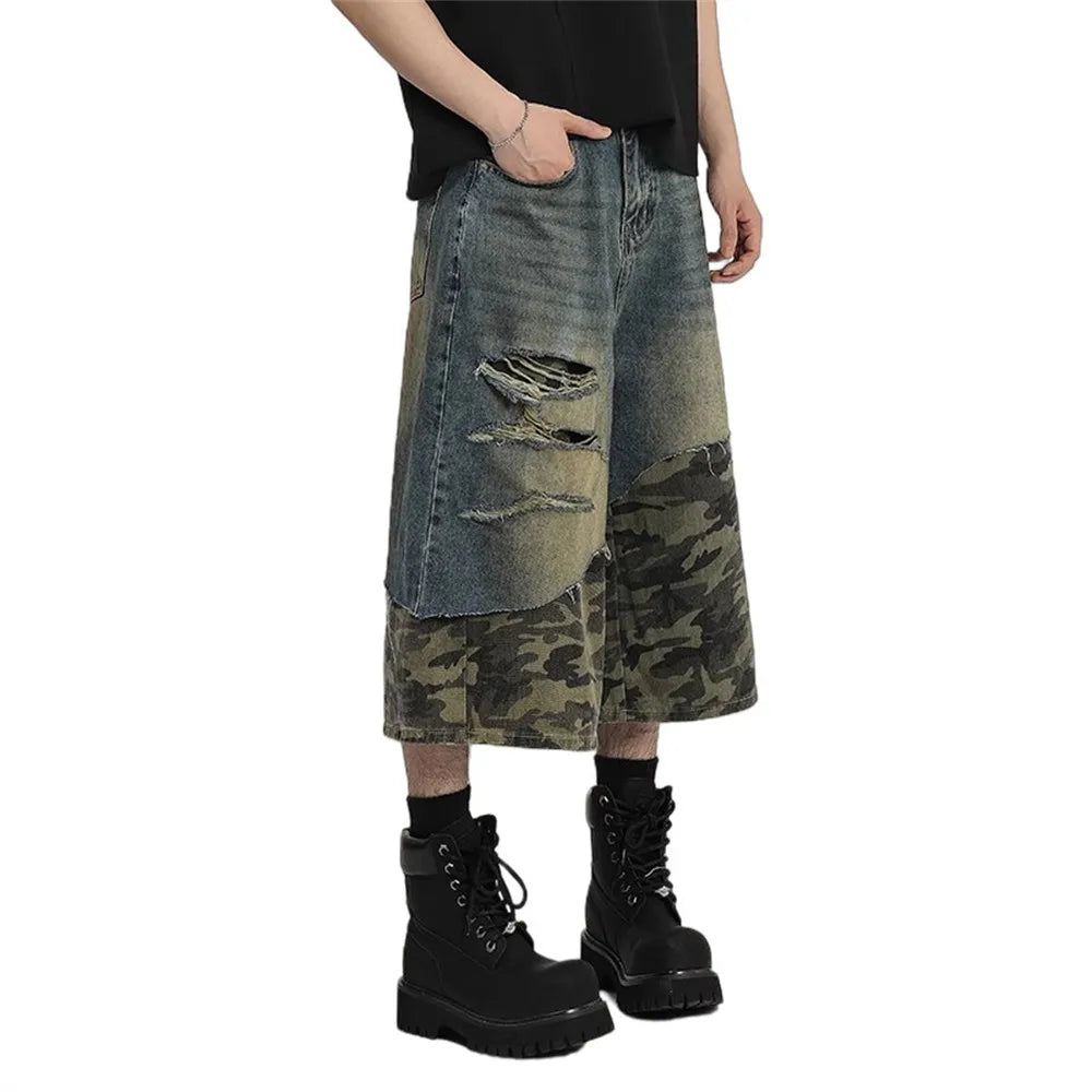 Distressed Camouflage Spliced Denim Shorts Jeans