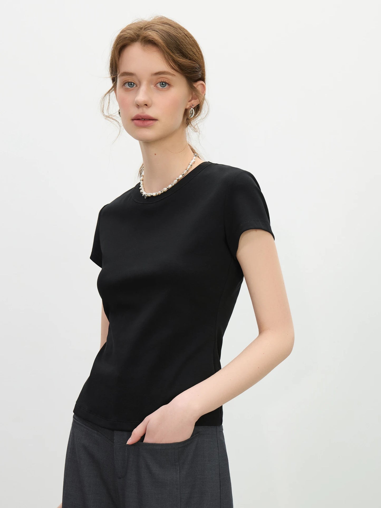 Pink Minimalist Style Straight Shoulder T-Shirt