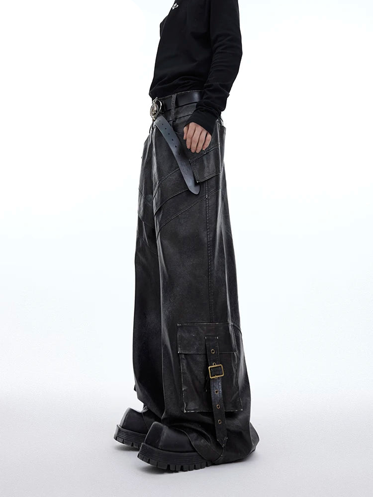 Vintage Distressed Black Leather Wide Pants