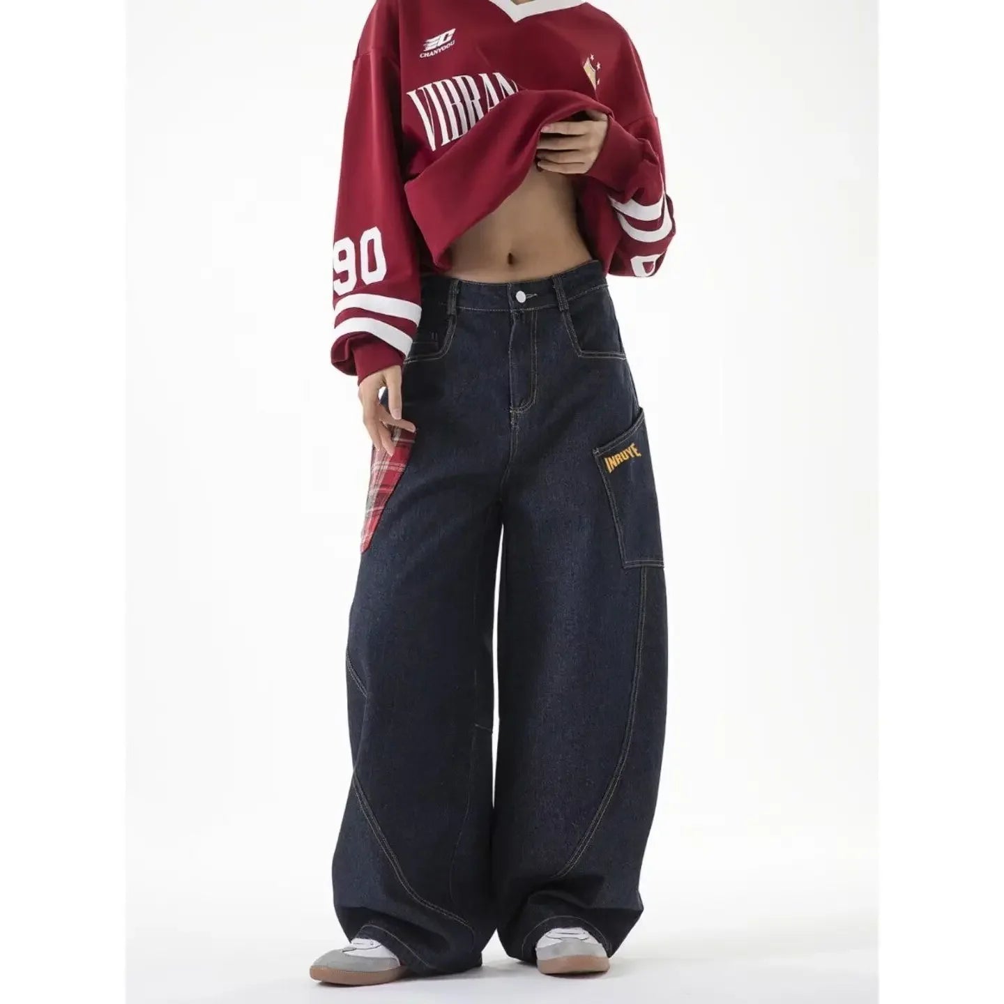 Retro Plaid Cargo Wide Leg Jeans