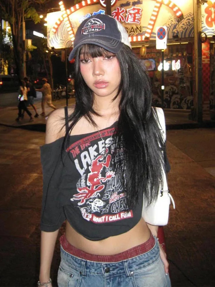 Gothic Letter Print Off Shoulder T-Shirt