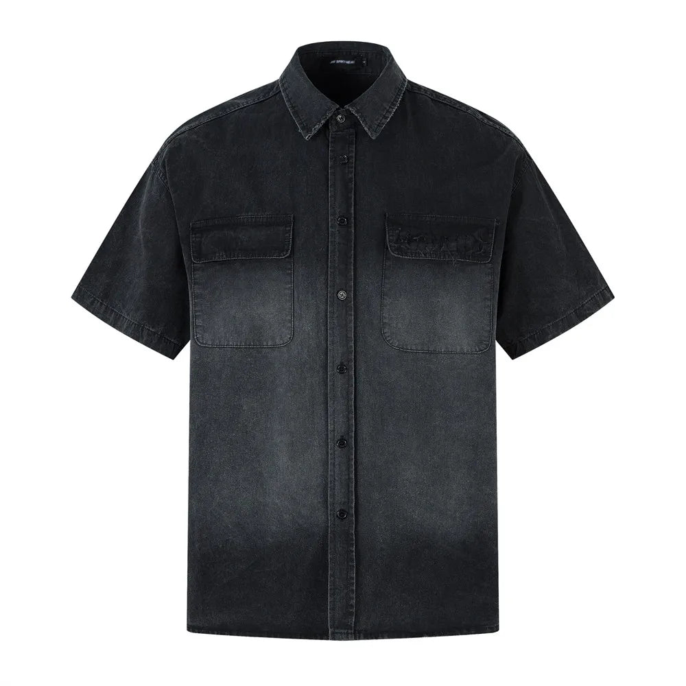 Vintage Distressed Denim Short Sleeve Shirt