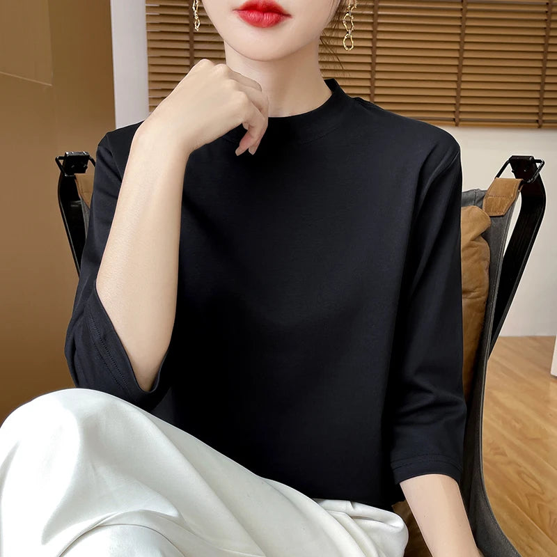 Cotton Semi High Neck Cropped T-Shirt