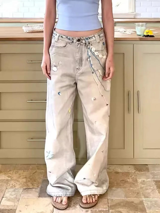 Retro Print Baggy Wide Leg Jeans