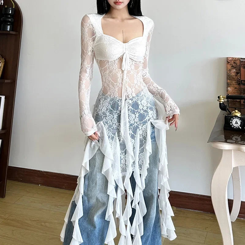 Sexy Mesh Lace Maxi Top with Ruffles
