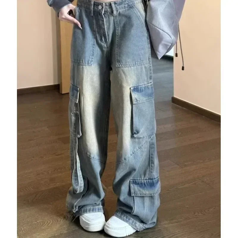 High Waist Spliced Denim Cargo Jeans