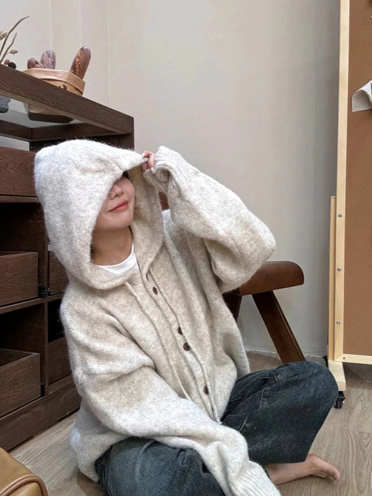 Cozy Drawstring Hooded Knit Cardigan Sweater