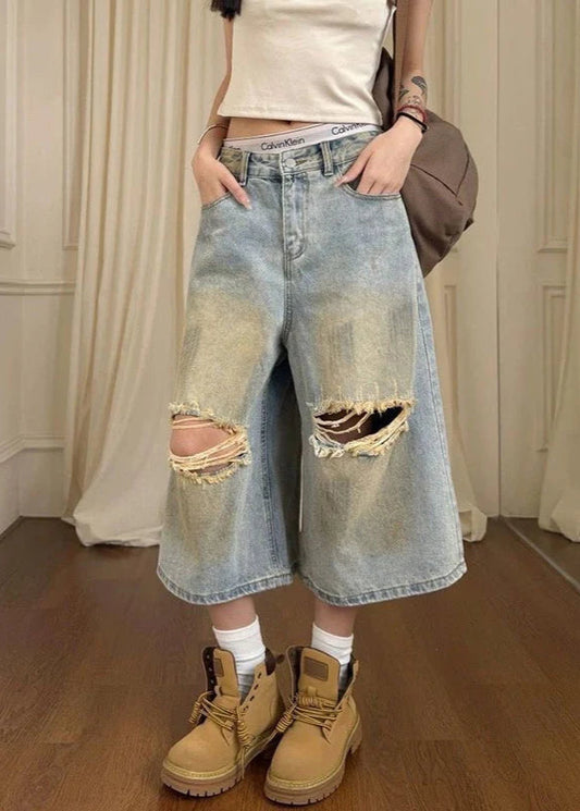 Vintage Oversize Ripped Calf-Length Denim Jorts