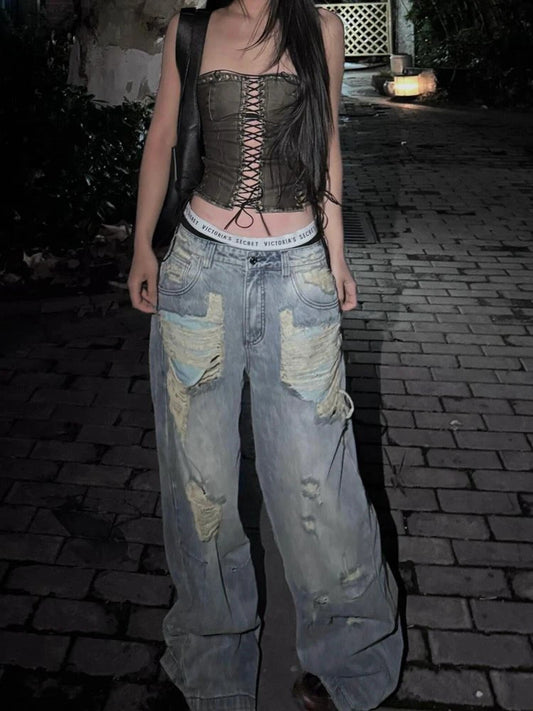 Vintage Blue Distressed High Waist Jeans
