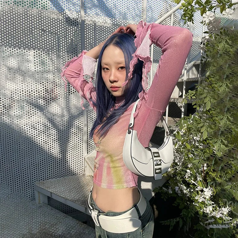 Vintage Aesthetic Pink Mesh Crop T-Shirt
