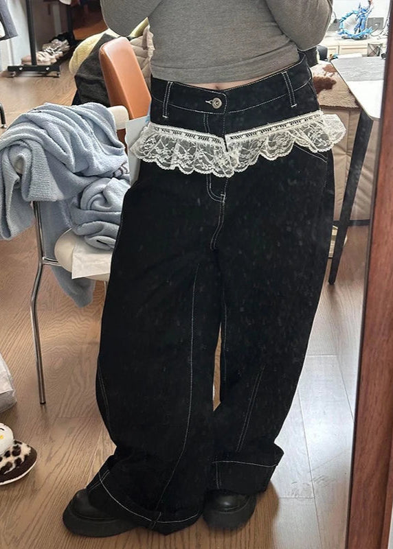 Vintage Lace Spliced Baggy Wide Jeans