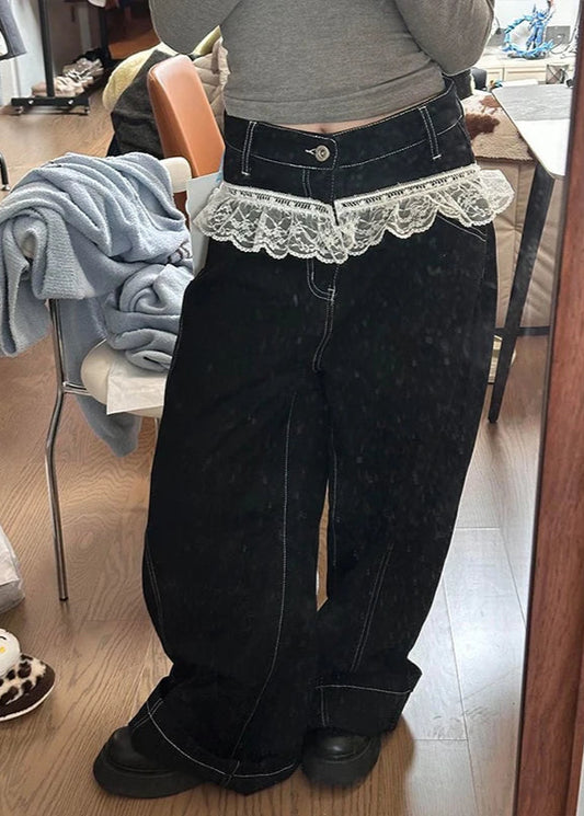 Vintage Lace Spliced Baggy Wide Jeans