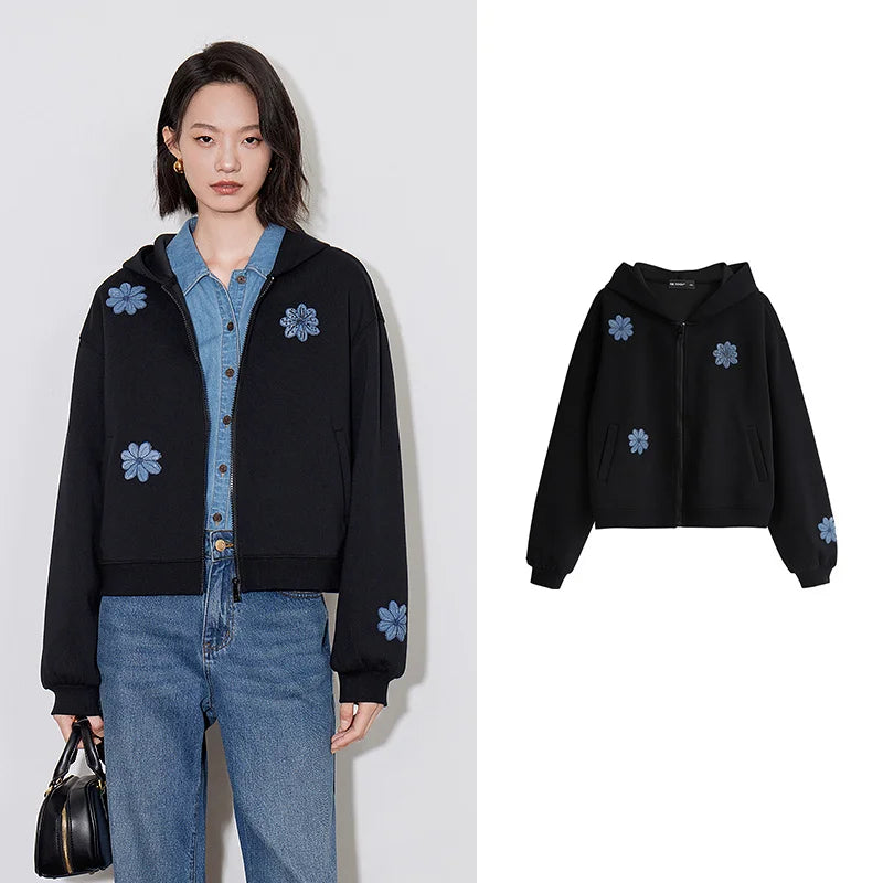 Floral Embroidery Casual Zipper Cardigan Sweater