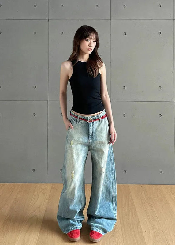 High Waist Torn Design Wide Jeans