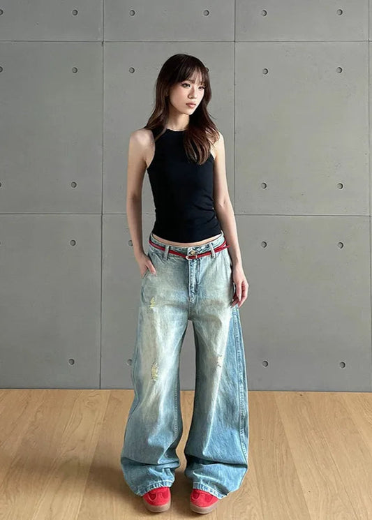 High Waist Torn Design Wide Jeans