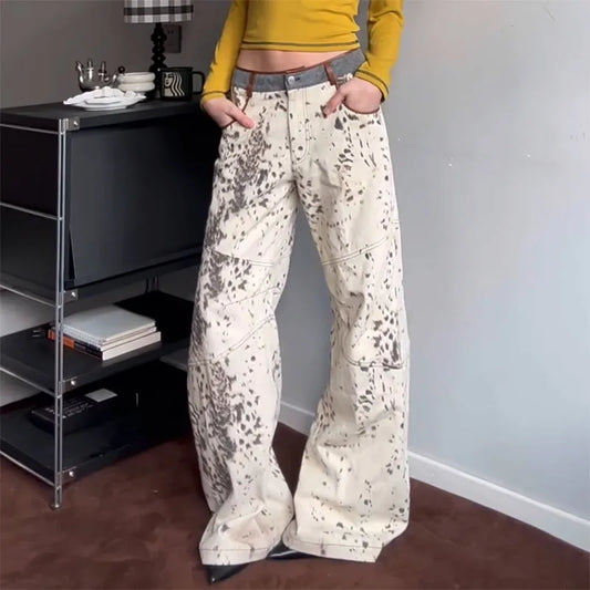 Leopard Print Baggy White Jeans