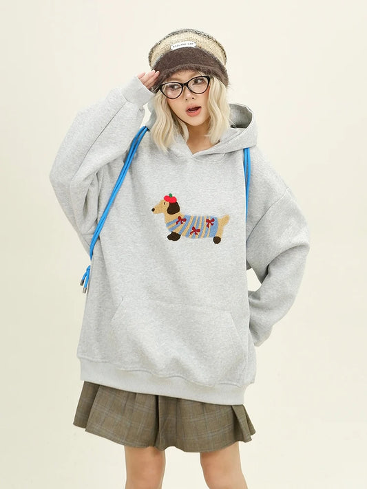 Casual Loose Cartoon Dog Embroidery Sweatshirt