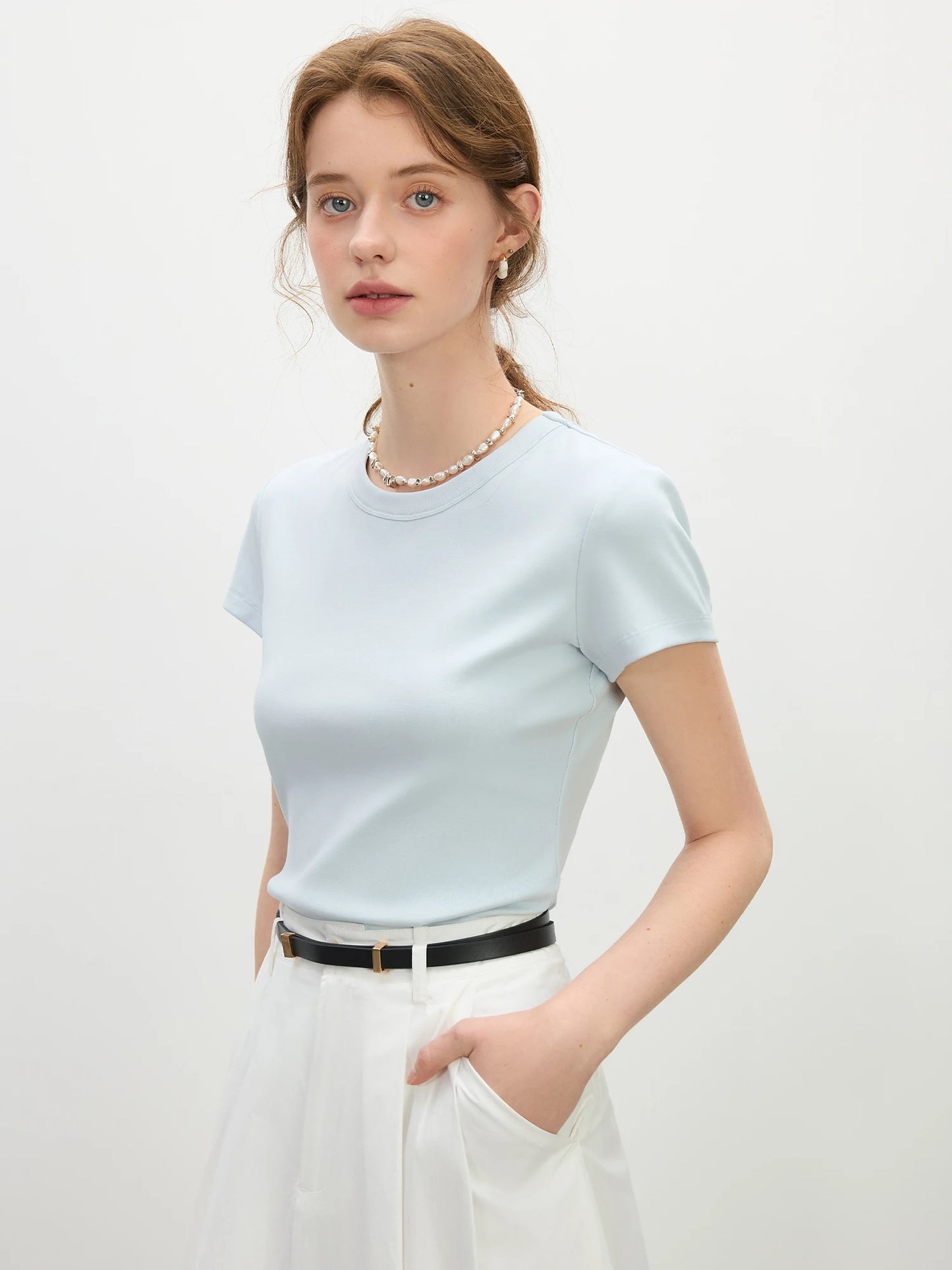 Pink Minimalist Style Straight Shoulder T-Shirt