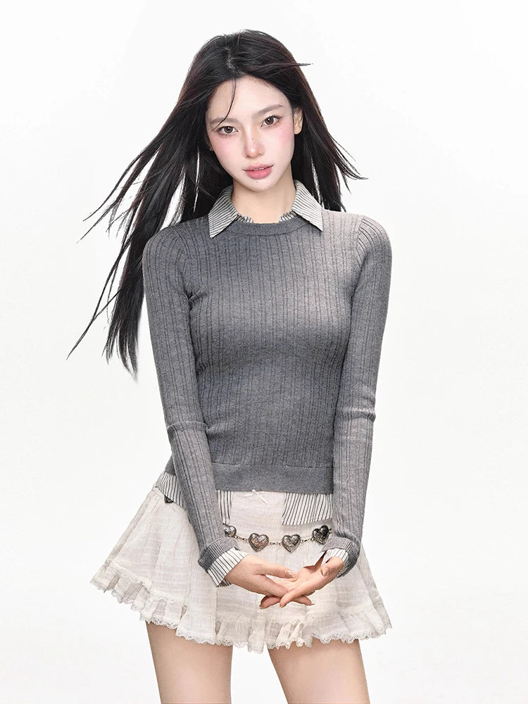 Contrast Color Knitted Sweater Shirt