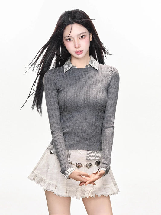 Contrast Color Knitted Sweater Shirt