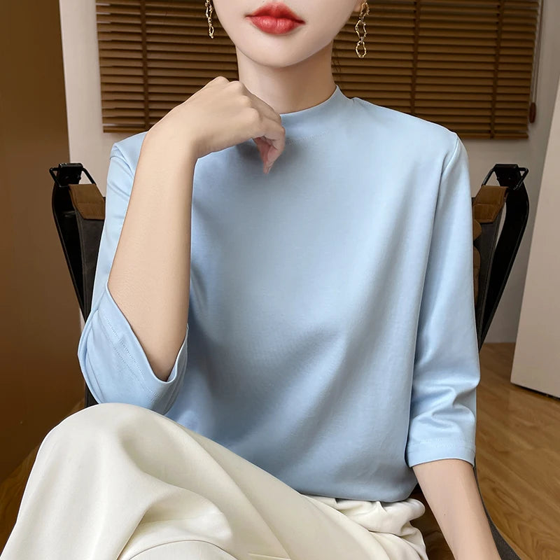 Cotton Semi High Neck Cropped T-Shirt