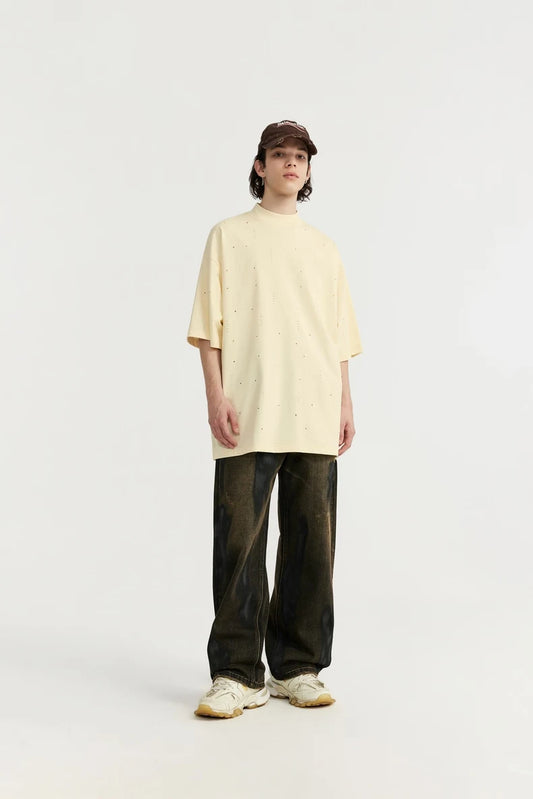 Heavyweight Ripped Mock Neck Cotton T-Shirt