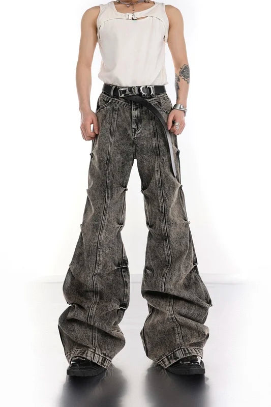 High Waisted Pleated Distressed Washed Jeans