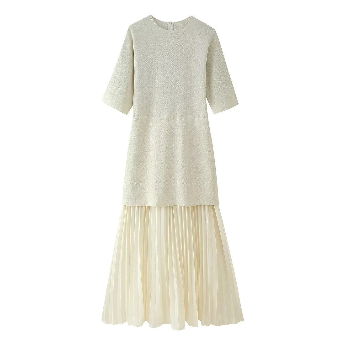 Elegant Pleated O-Neck Long Dress Women