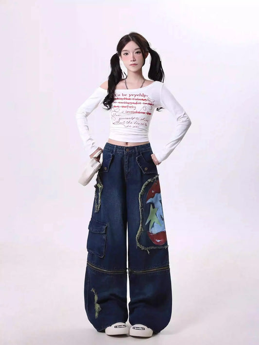 Graffiti Print Oversized Cargo Jeans
