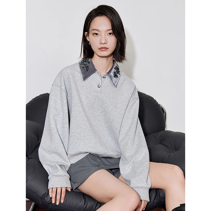 Beaded Embroidered Gray Sweatshirt Fall Shirt
