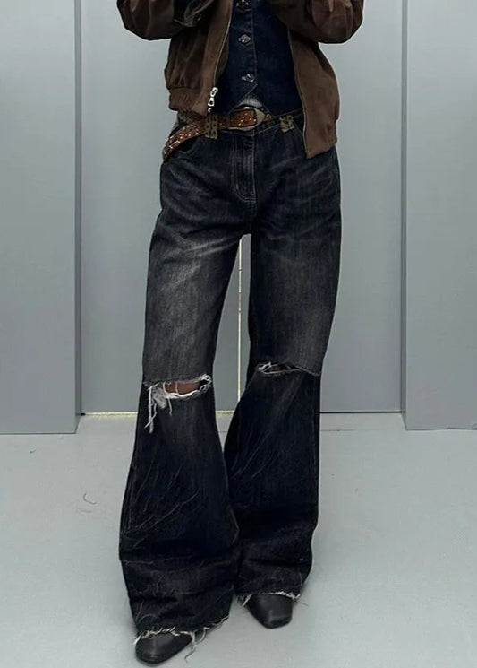 Black Retro Hole Punched High Jeans