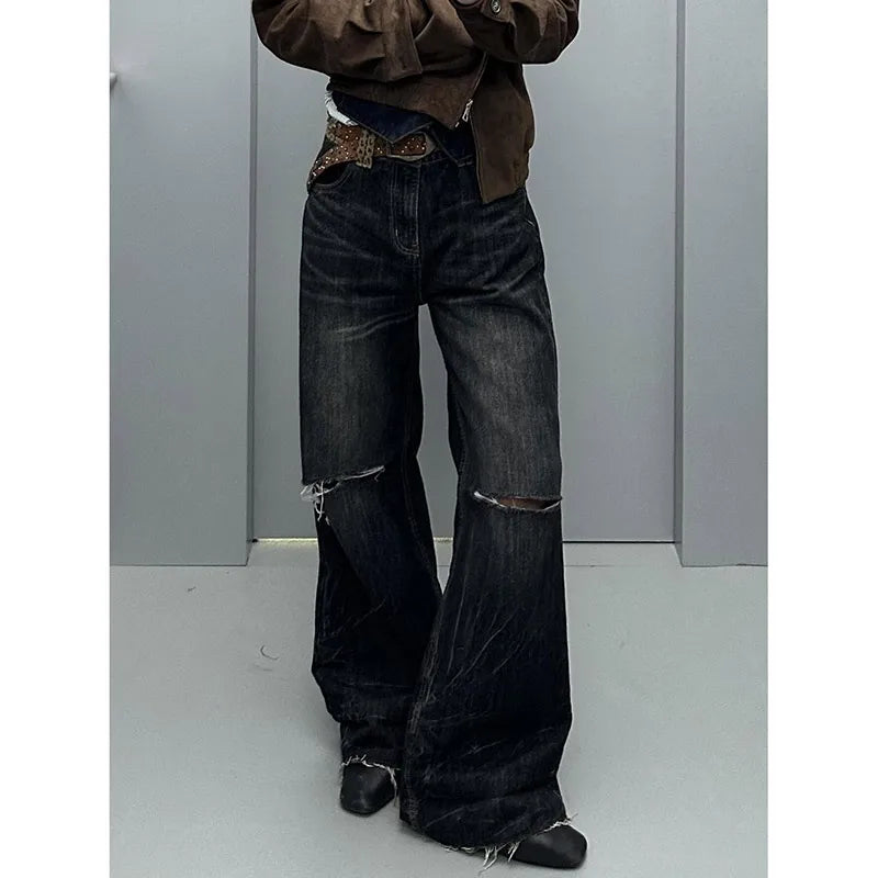 Black Retro Hole Punched High Jeans