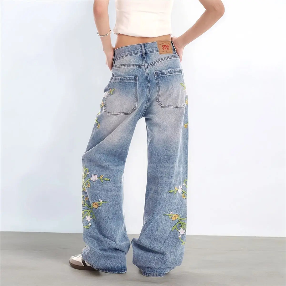 Blue Vintage Floral Embroidered High Jeans