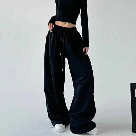 Gray Wide Leg Drawstring Pants