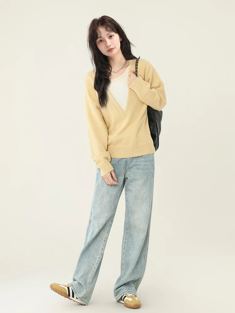 Elegant Contrast Color V-Neck Sweater