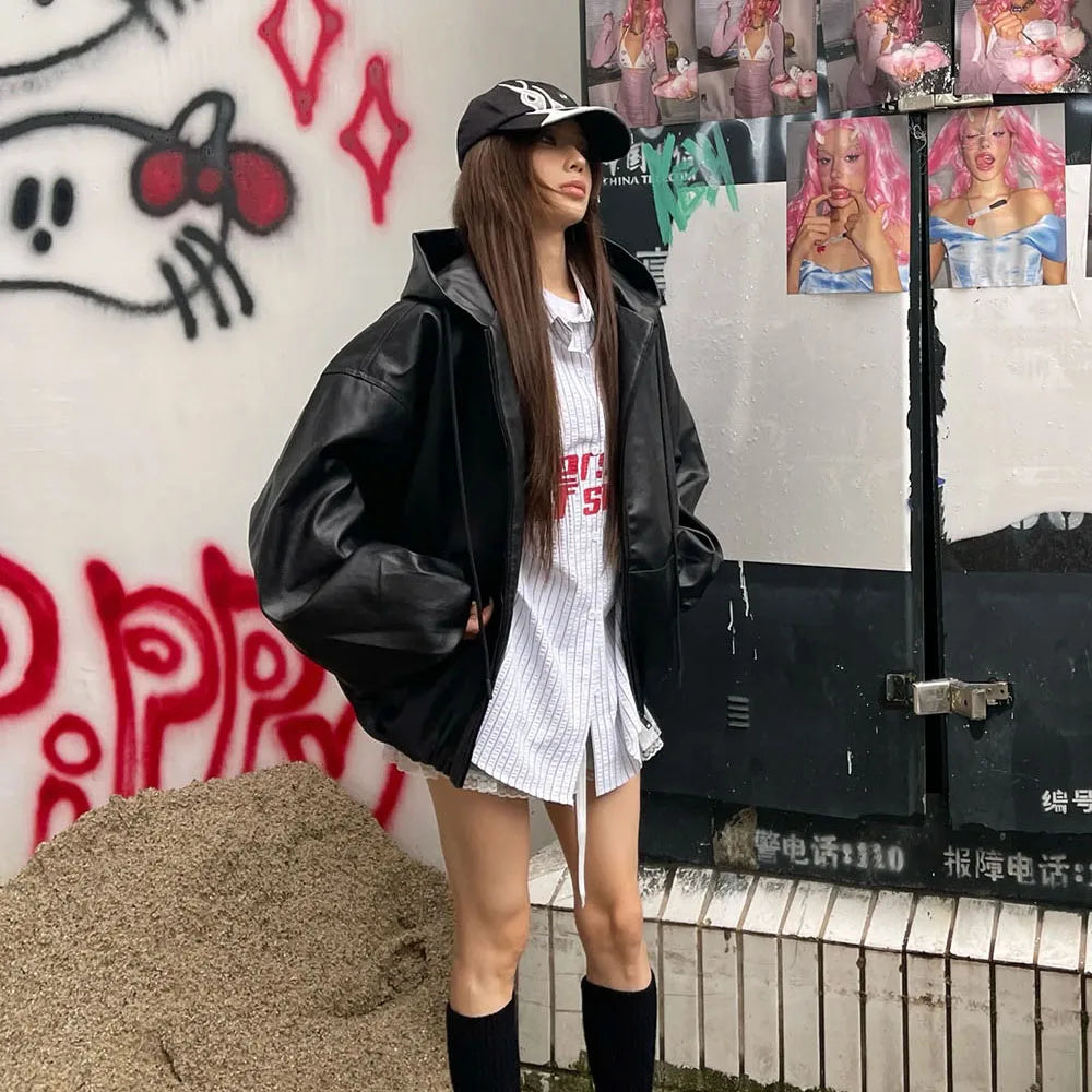 Sleek Black PU Leather Windbreaker Jacket