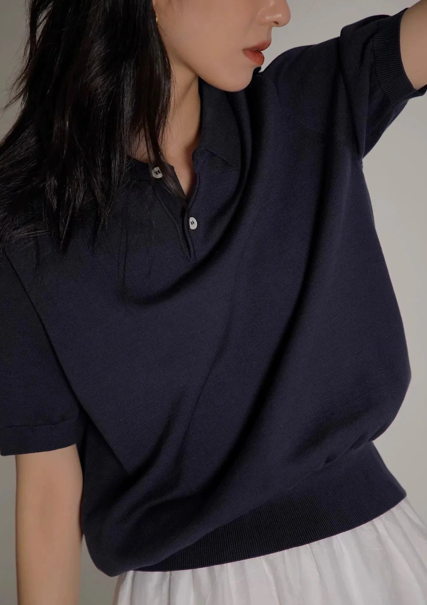 Blue Silk Knitted French Lapel T-Shirt