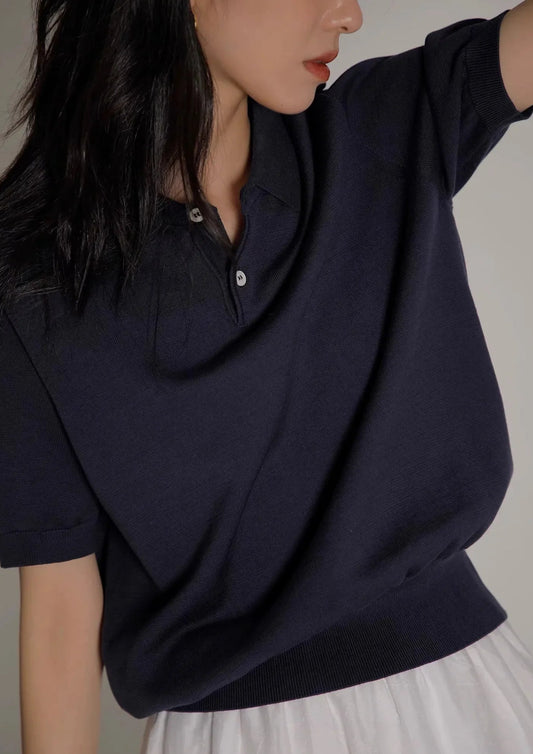 Blue Silk Knitted French Lapel T-Shirt