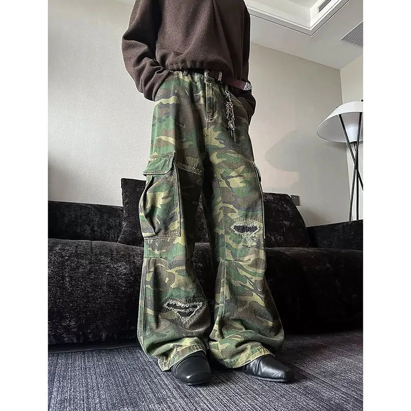 Vintage Patchwork Camouflage Baggy High Jeans