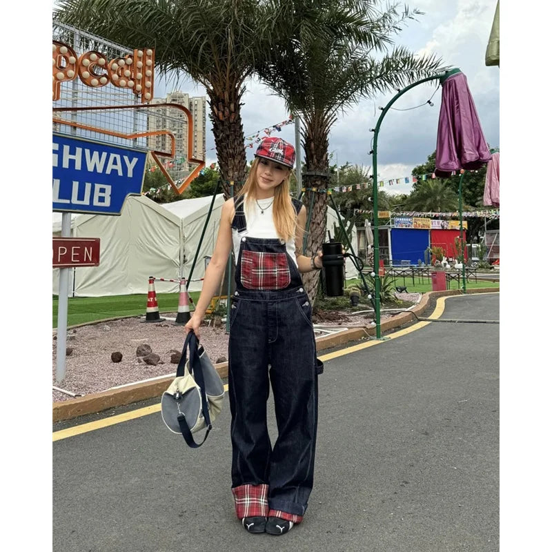 Blue Vintage Suspender Baggy Wide-Leg Jeans