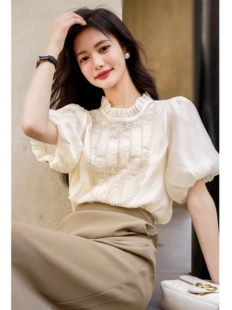 Chic Crochet Patchwork Lantern Sleeve Shirt