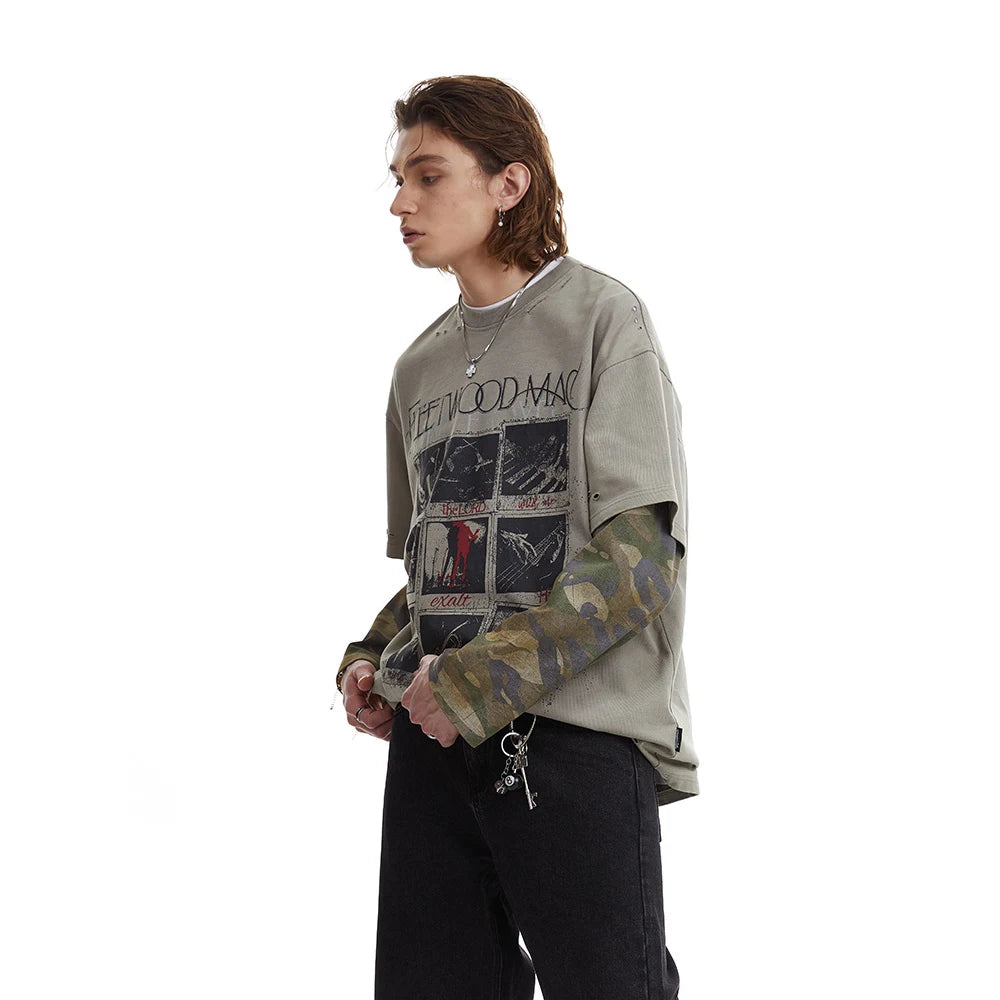 Retro Distressed Graphic Print Long T-Shirt