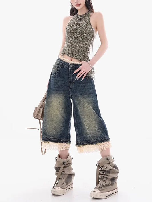 Vintage Lace Patchwork Wide Leg Jeans