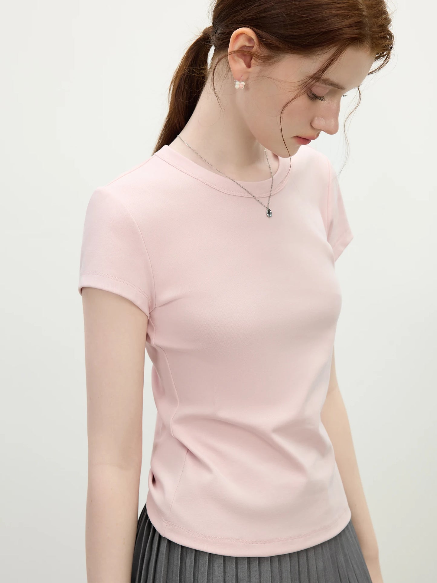 Pink Minimalist Style Straight Shoulder T-Shirt