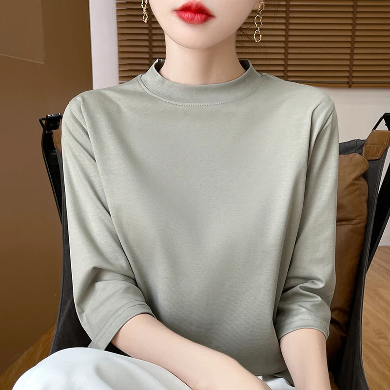 Cotton Semi High Neck Cropped T-Shirt