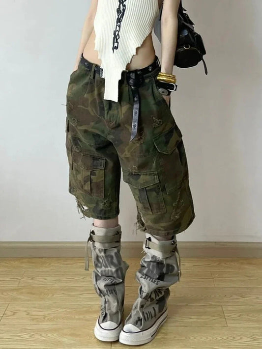 Vintage Camouflage Green High Waist Jeans
