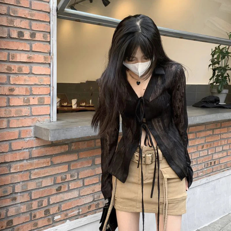 Lace Up Long Sleeve Blouse Shirt