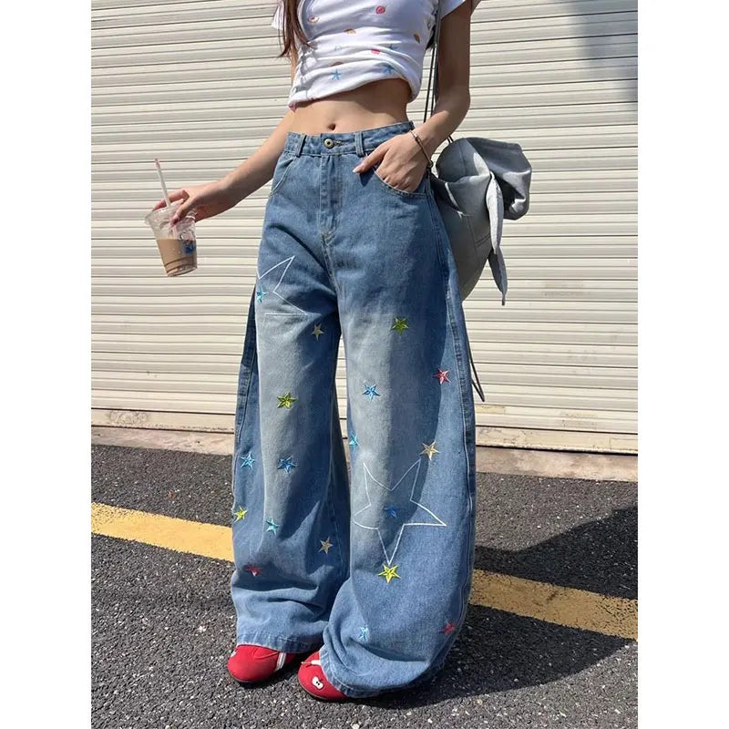 Vintage Loose Washed Blue Wide Jeans
