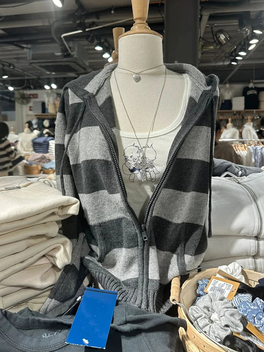 Cozy Striped Knitted Hooded Sweater Cardigan