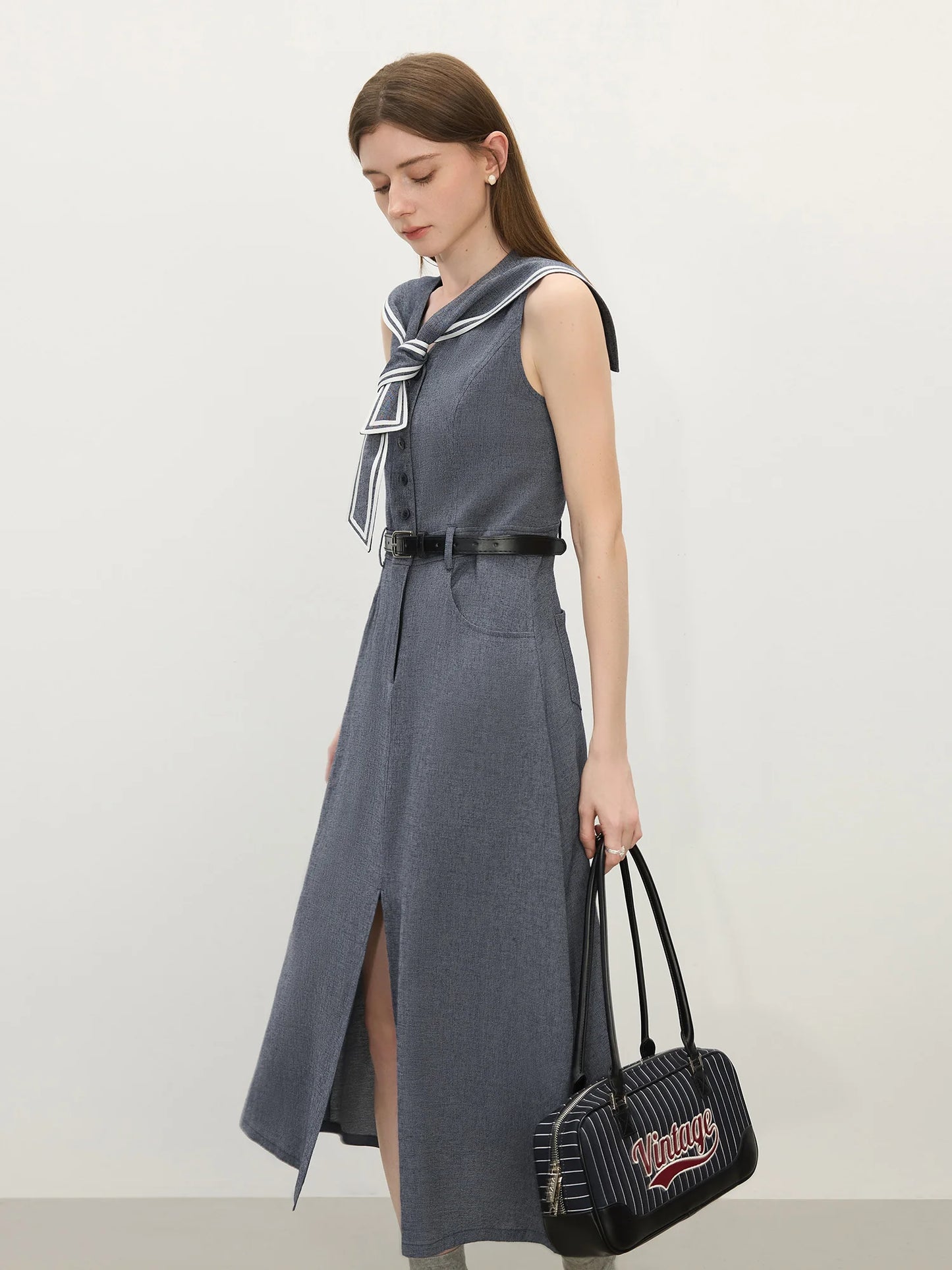 Navy Inspired Sleeveless A-Line Denim Dress